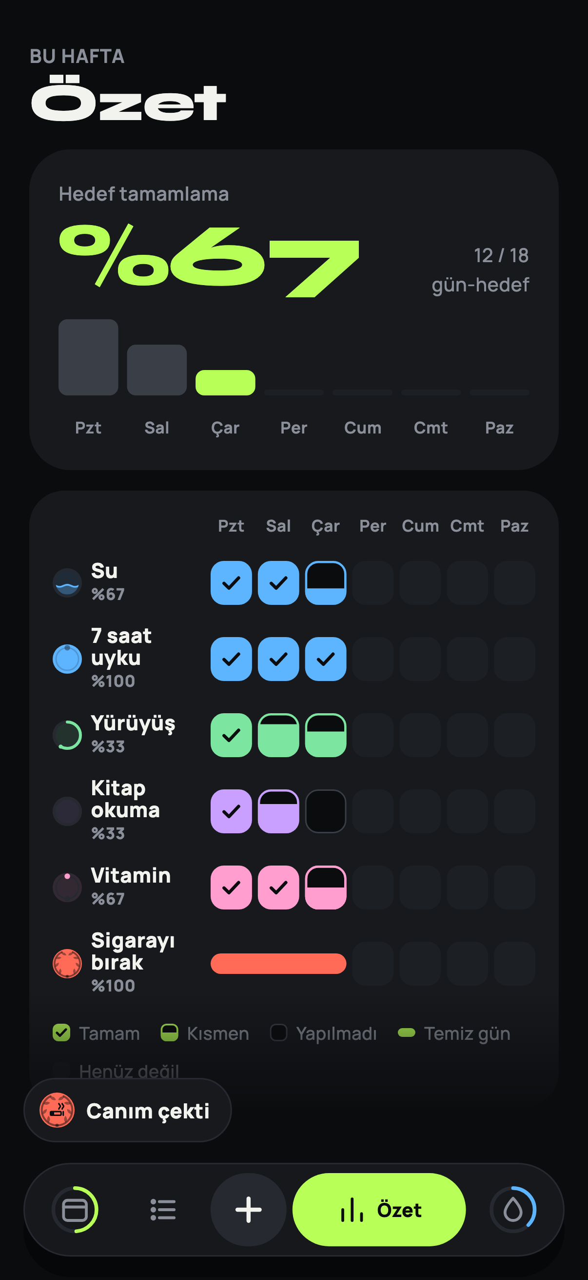 Devam weekly “Özet” (summary) screen: 67 percent goal completion and a weekly grid for water, sleep, walking, reading, vitamins and smoking.