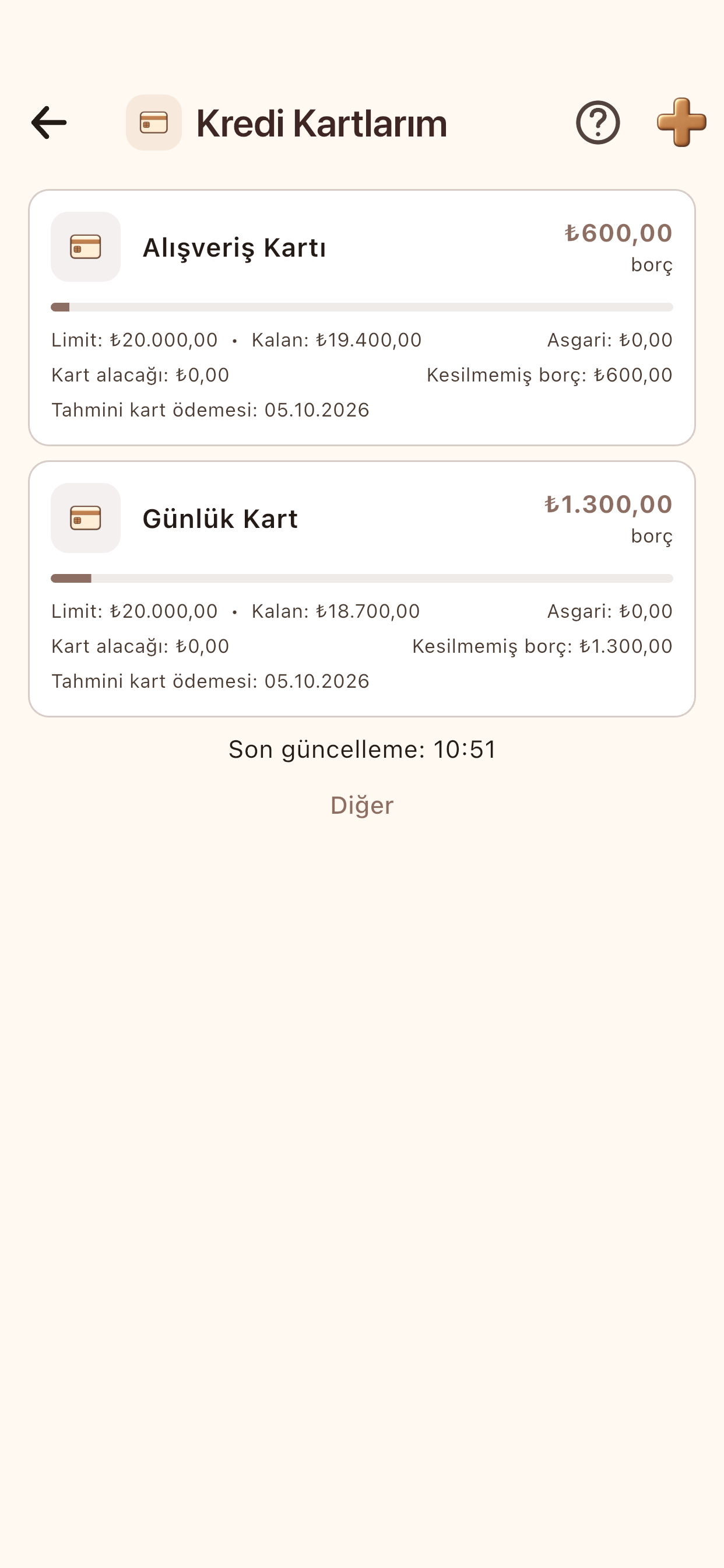 Fındık Kredi Kartlarım ekranı: iki kartın borcu, limiti, kalan limiti ve tahmini kart ödemesi tarihi