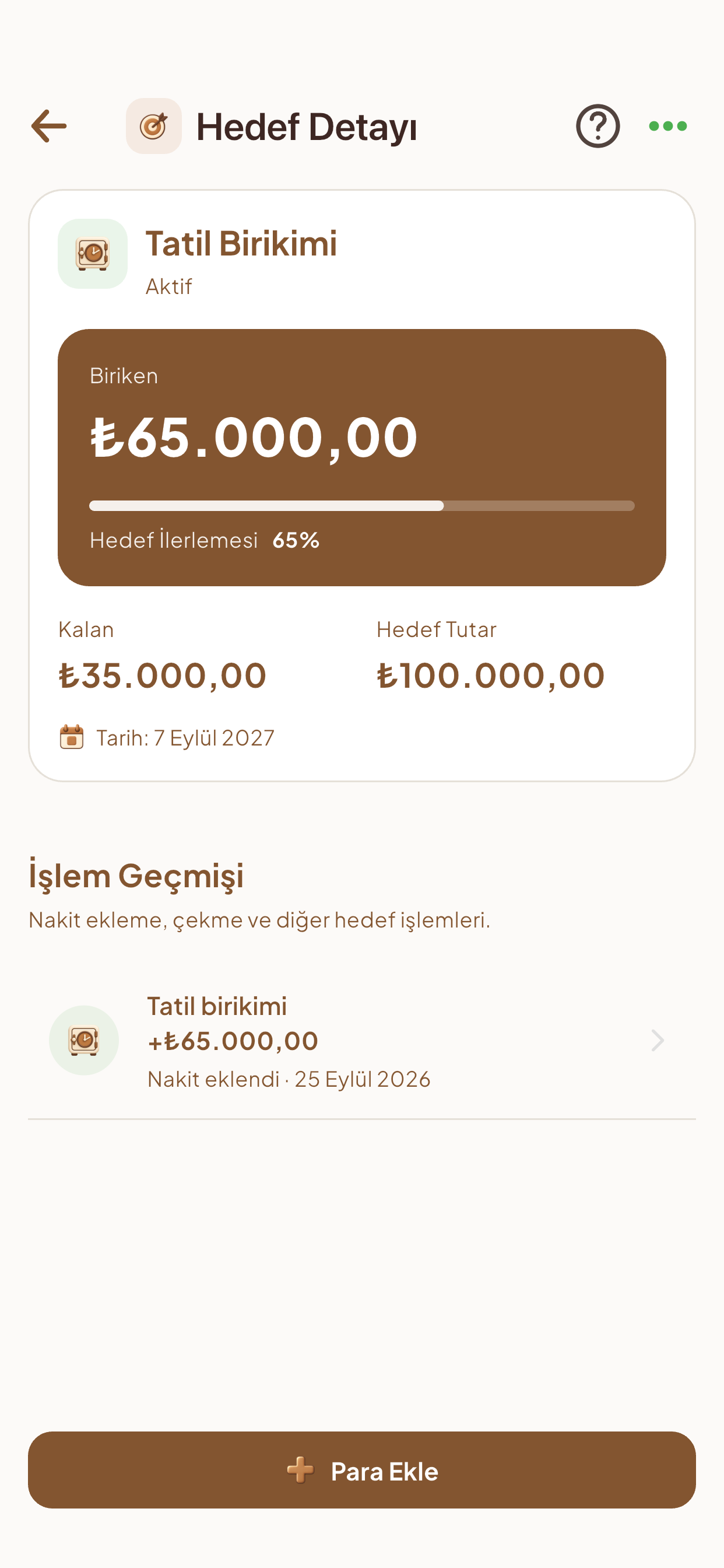 Fındık hedef detayı, Tatil Birikimi: biriken tutar, hedef ilerlemesi, kalan ve hedef tutarı, işlem geçmişi ve Para Ekle düğmesi