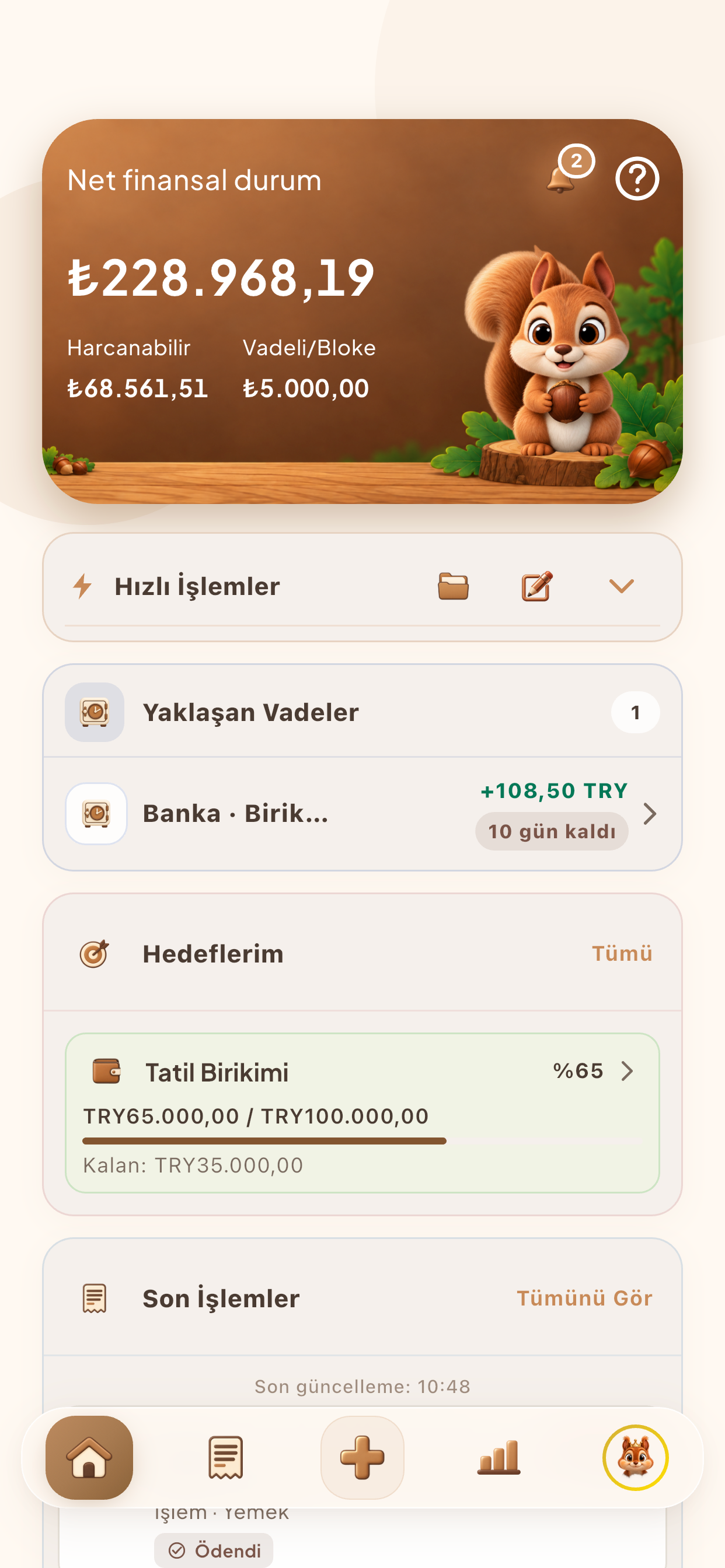 Fındık ana ekranı: net finansal durum kartı, harcanabilir ve vadeli/bloke tutarlar, yaklaşan vadeler, hedefler ve son işlemler