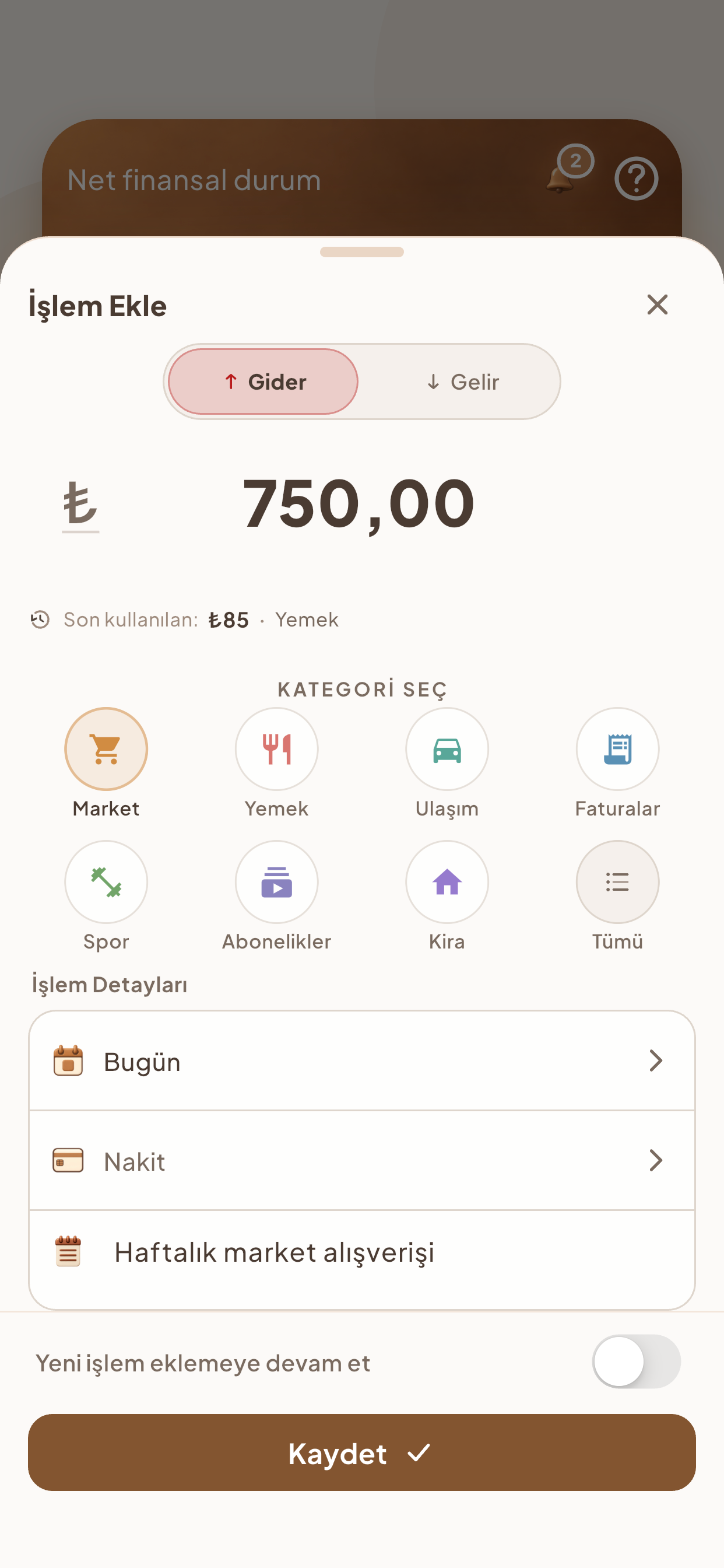 Fındık işlem ekleme ekranı: gider ve gelir seçimi, tutar alanı, kategori seçimi, tarih, hesap, not ve Kaydet düğmesi