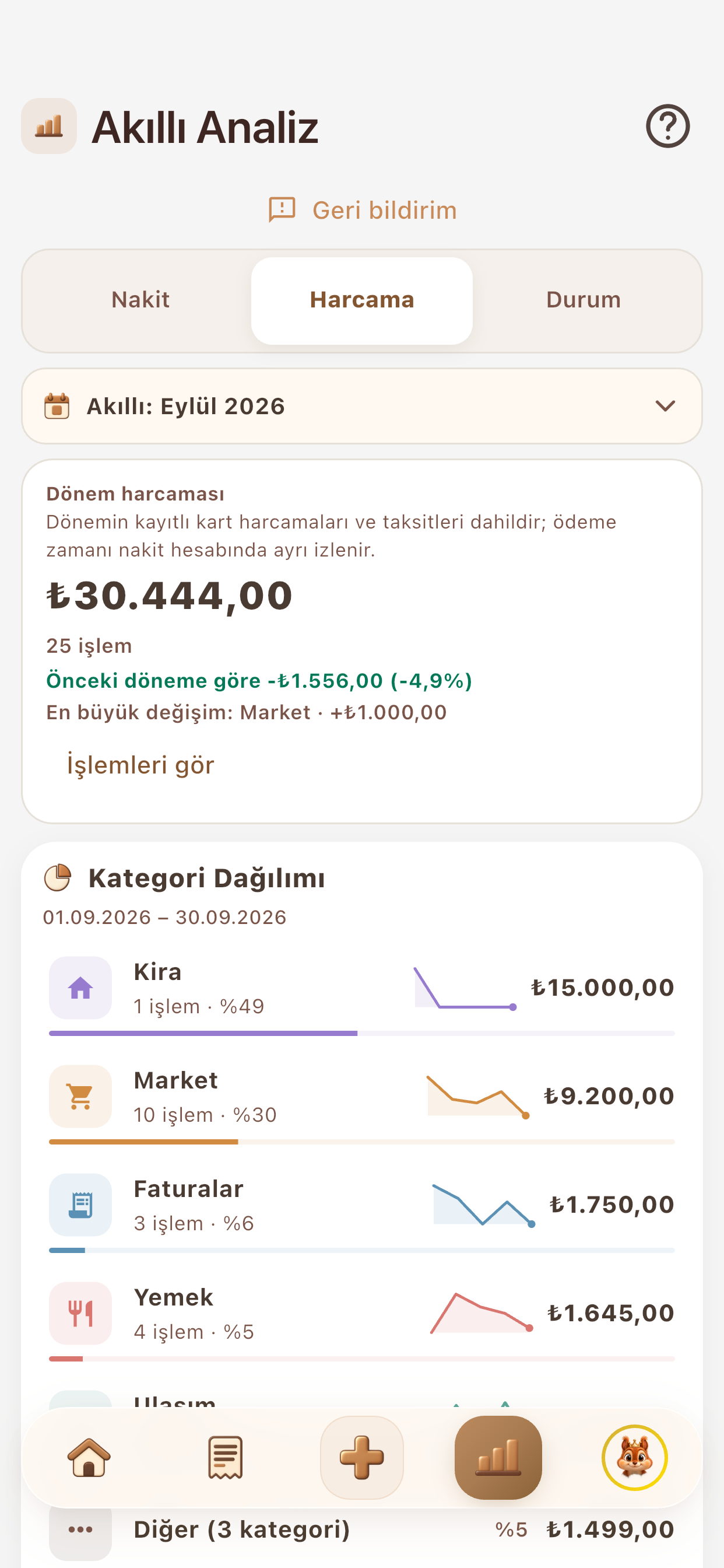 Fındık Akıllı Analiz, Harcama sekmesi: dönem harcaması, önceki döneme göre değişim ve kategori dağılımı
