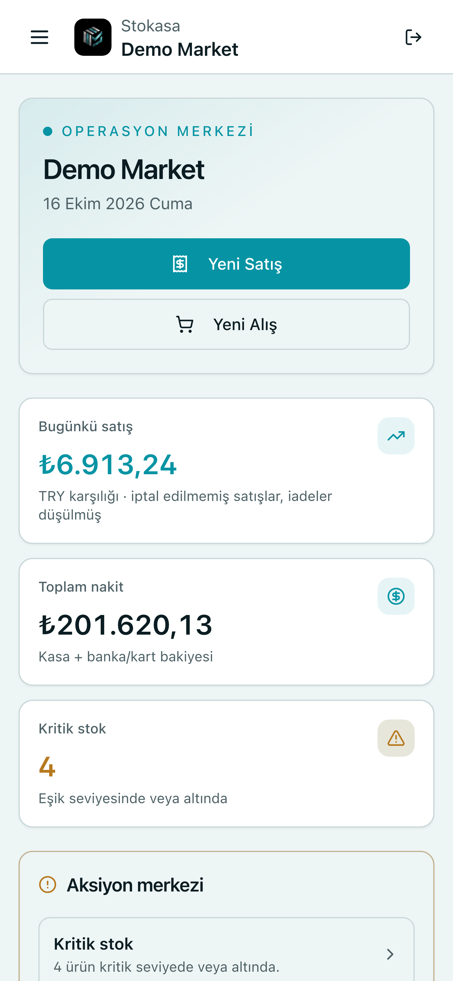 Stokasa ana sayfası telefonda: kritik stok 4, eşik seviyesinde veya altında; aksiyon merkezi