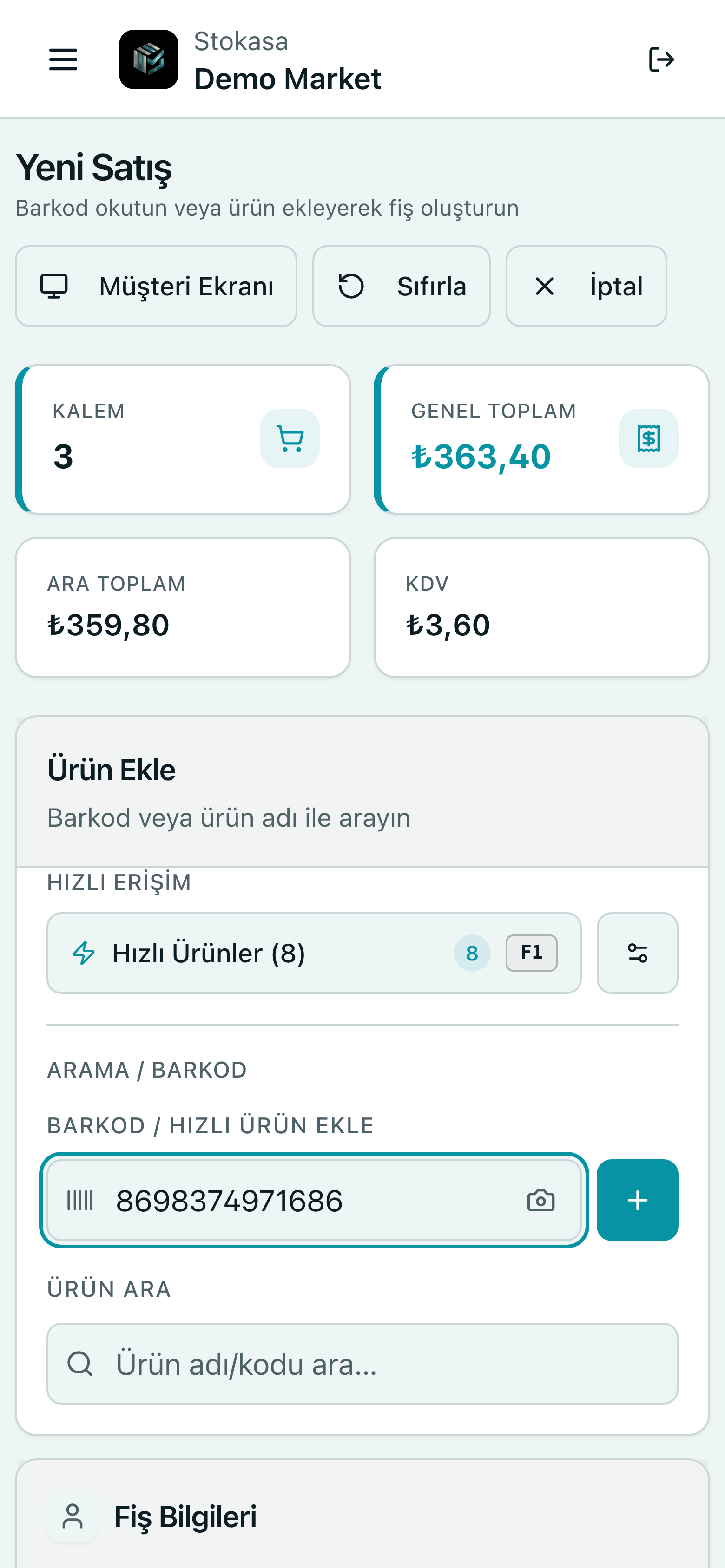 Stokasa Yeni Satış ekranı telefonda: genel toplam ₺363,40 ve barkod alanı